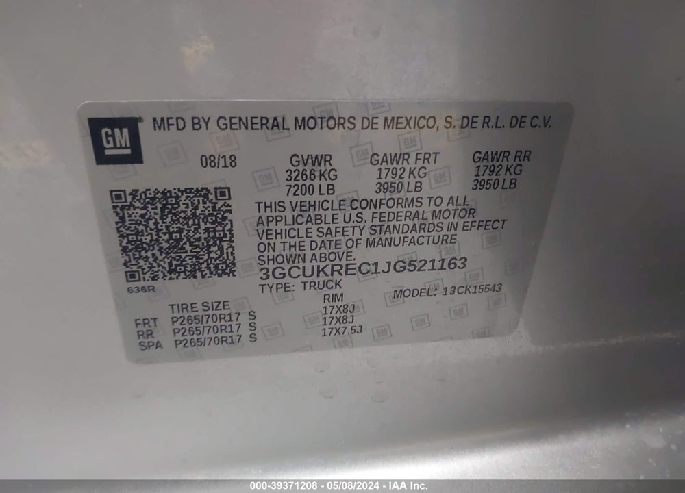 2018 CHEVROLET SILVERADO 1500 1LT VIN: 3GCUKREC1JG521163