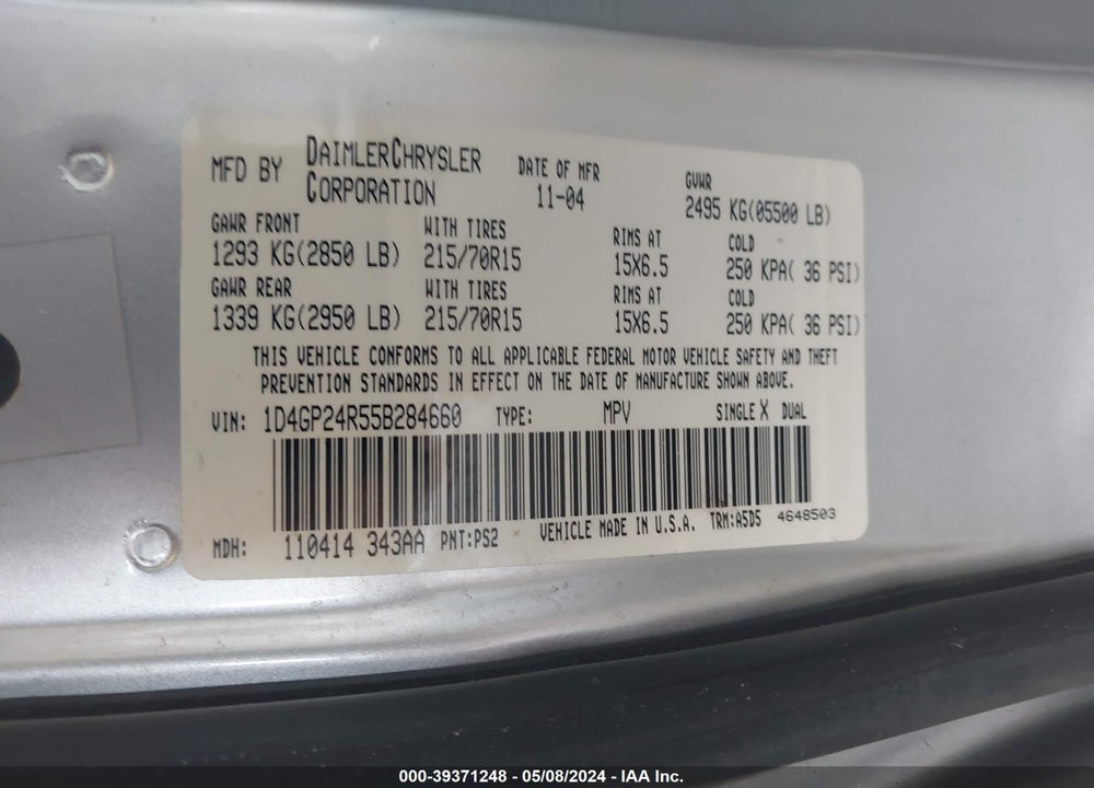 2005 DODGE GRAND CARAVAN SE VIN: 1D4GP24R55B284660