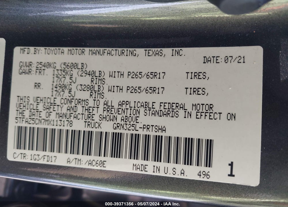 2021 TOYOTA TACOMA TRD SPORT VIN: 5TFAZ5CN7MX113178