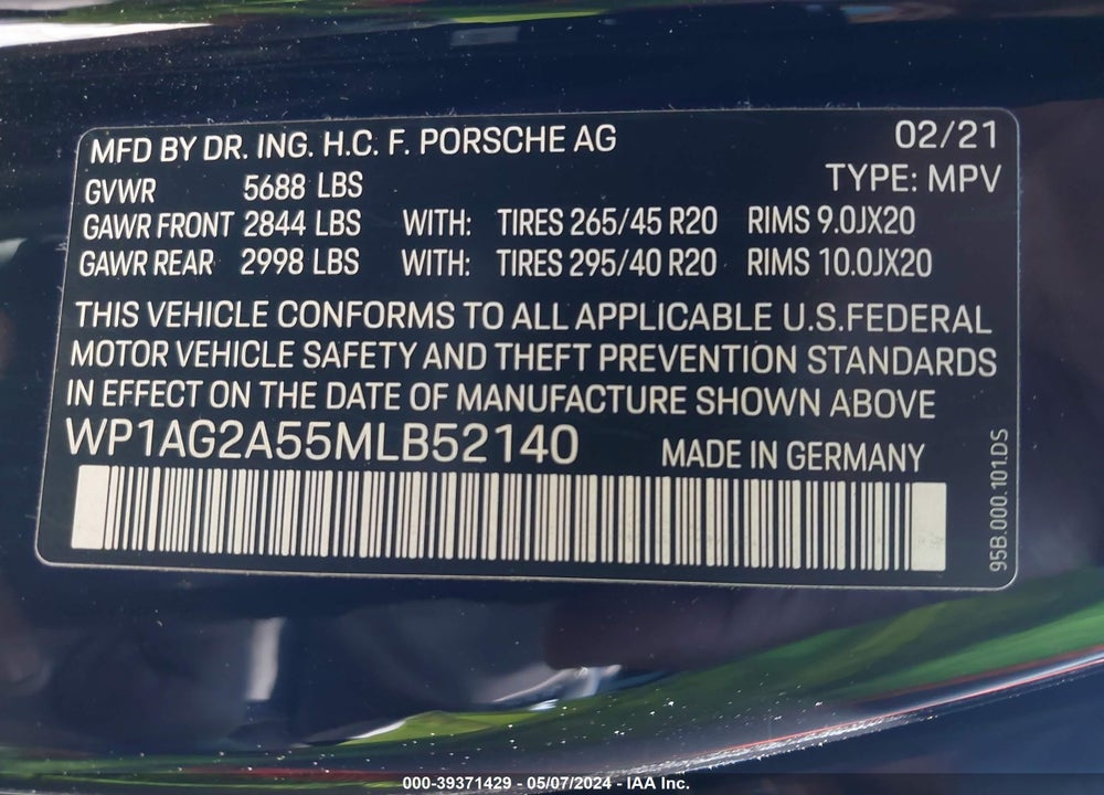 2021 PORSCHE MACAN GTS VIN: WP1AG2A55MLB52140