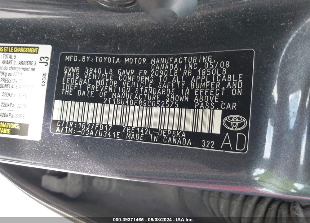 2009 TOYOTA COROLLA S VIN: 2T1BU40E89C052575