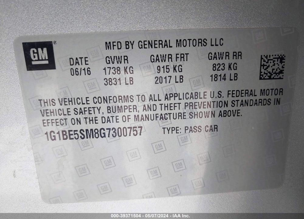 2016 CHEVROLET CRUZE LT AUTO VIN: 1G1BE5SM8G7300757