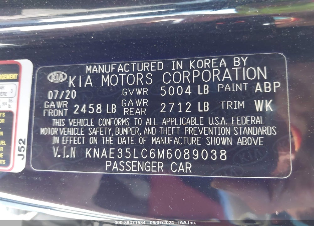 2021 KIA STINGER GT VIN: KNAE35LC6M6089038