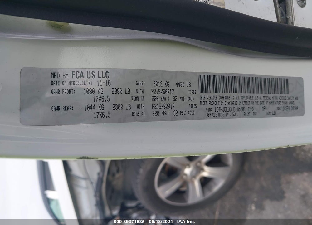 2017 JEEP COMPASS HIGH ALTITUDE FWD VIN: 1C4NJCEB3HD185681