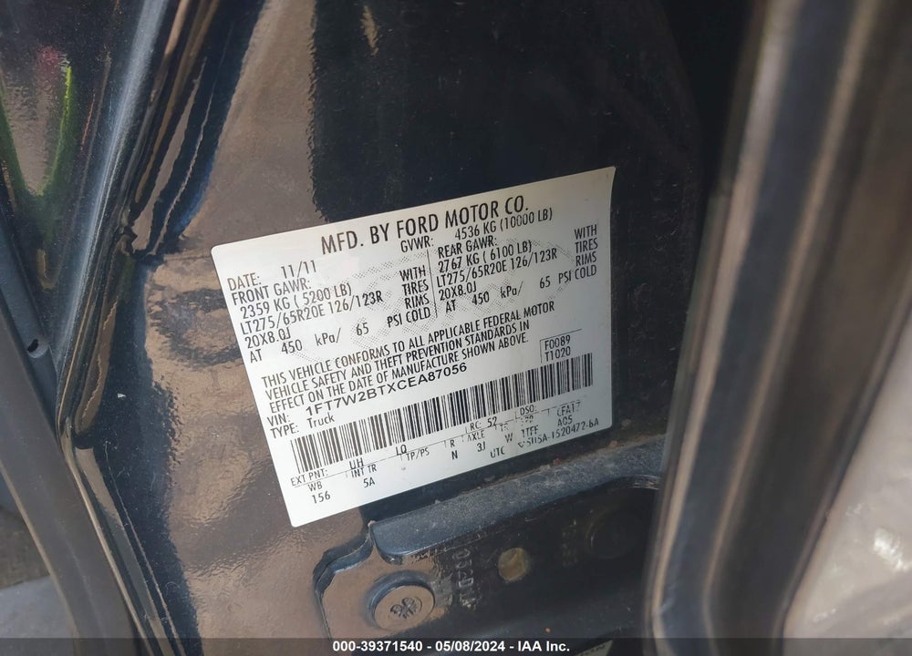 2012 FORD F-250 LARIAT VIN: 1FT7W2BTXCEA87056