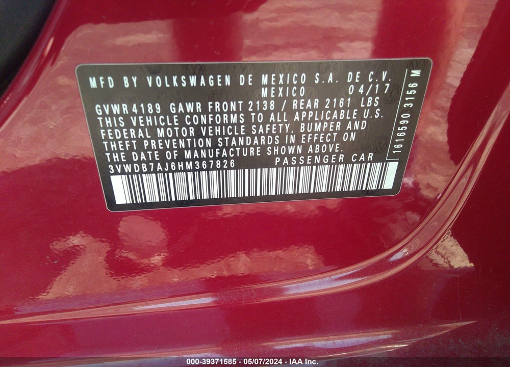 2017 VOLKSWAGEN JETTA 1.4T SE VIN: 3VWDB7AJ6HM367826