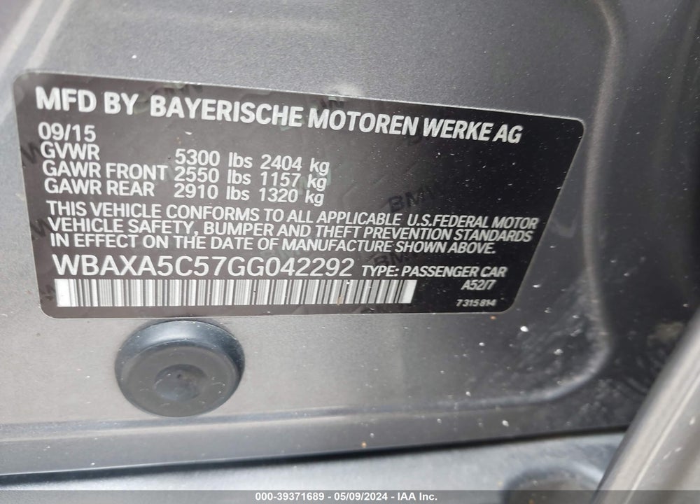 2016 BMW 535D VIN: WBAXA5C57GG042292