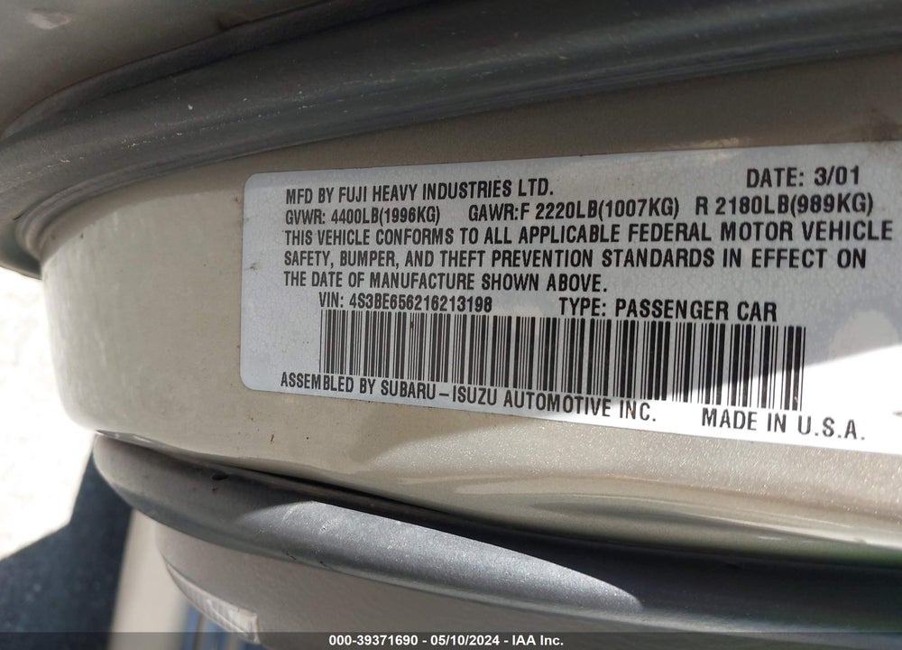 2001 SUBARU LEGACY VIN: 4S3BE656216213198