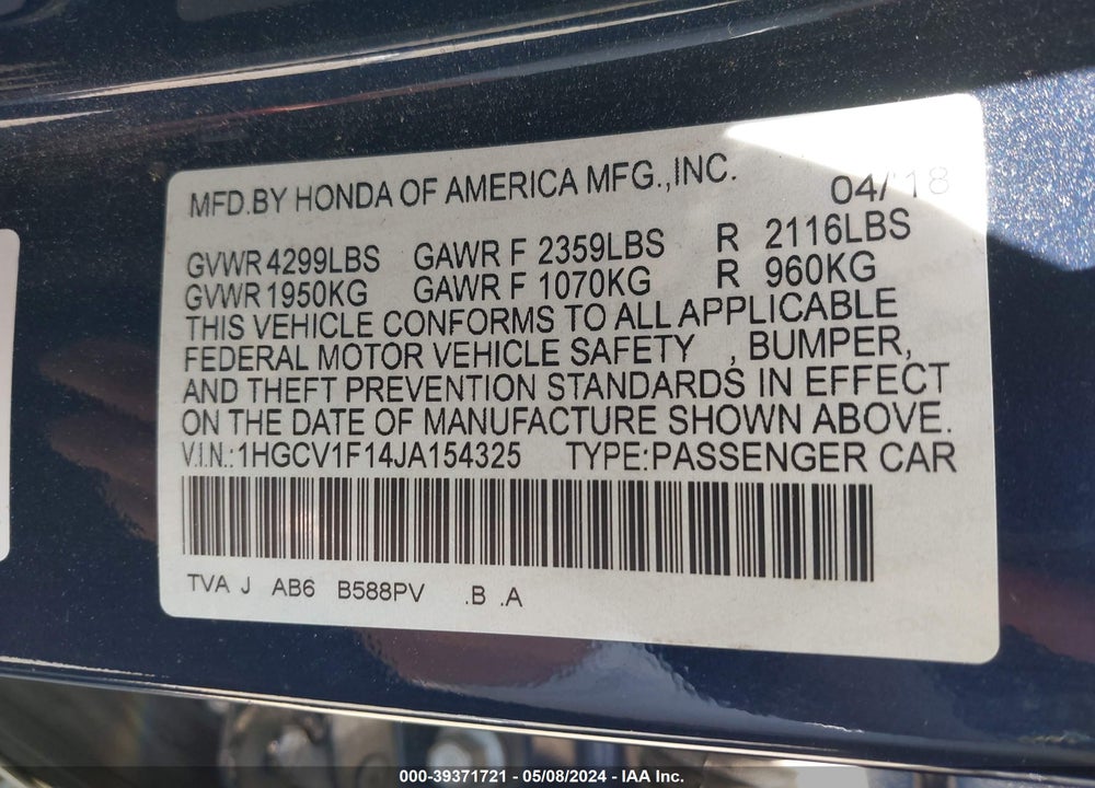 2018 HONDA ACCORD LX VIN: 1HGCV1F14JA154325