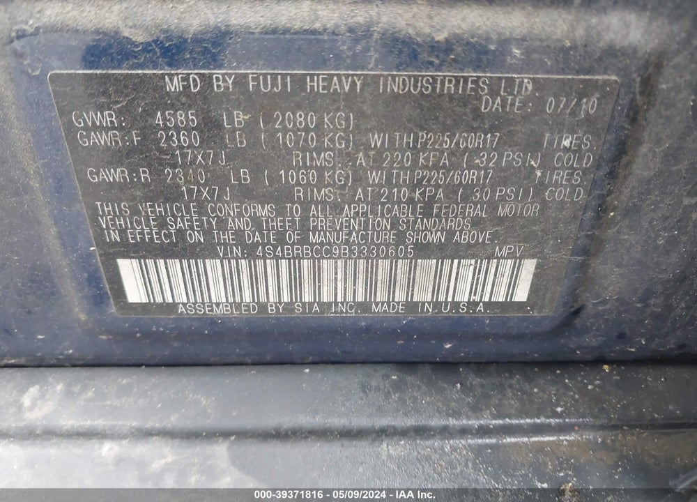 2011 SUBARU OUTBACK 2.5I PREMIUM VIN: 4S4BRBCC9B3330605