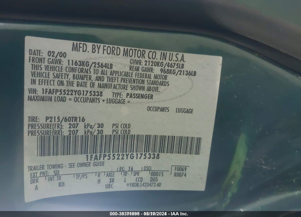 2000 FORD TAURUS SES VIN: 1FAFP5522YG175338