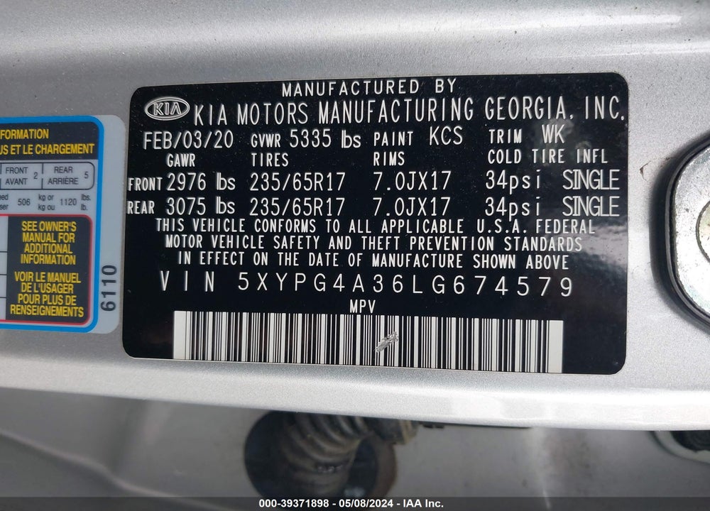 2020 KIA SORENTO 2.4L L VIN: 5XYPG4A36LG674579