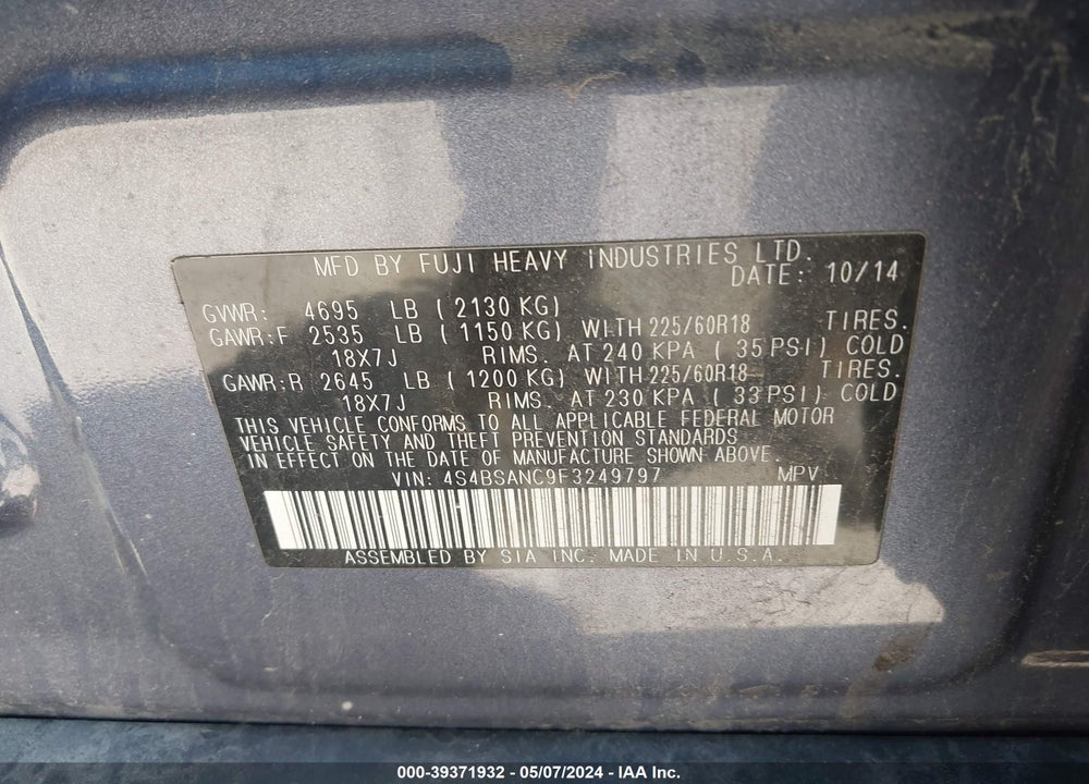 2015 SUBARU OUTBACK 2.5I LIMITED VIN: 4S4BSANC9F3249797