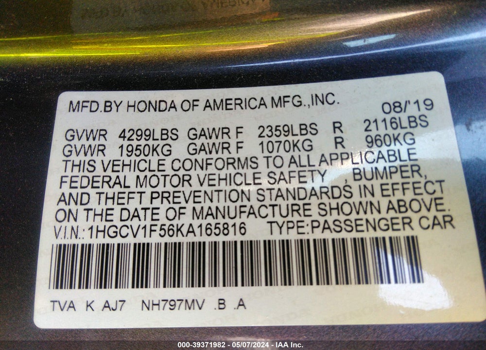 2019 HONDA ACCORD EX-L VIN: 1HGCV1F56KA165816