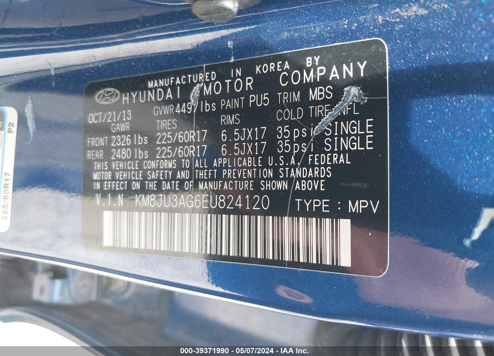 2014 HYUNDAI TUCSON SE VIN: KM8JU3AG6EU824120