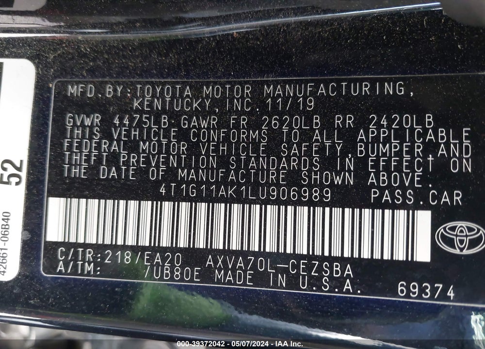 2020 TOYOTA CAMRY SE VIN: 4T1G11AK1LU906989