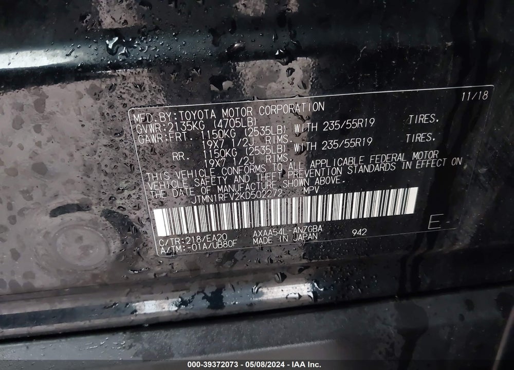 2019 TOYOTA RAV4 LIMITED VIN: JTMN1RFV2KD502272