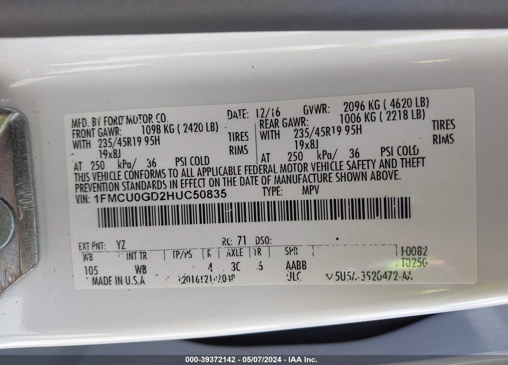 2017 FORD ESCAPE SE VIN: 1FMCU0GD2HUC50835