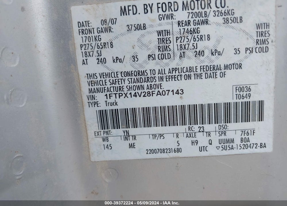 2008 FORD F-150 FX4/LARIAT/XL/XLT VIN: 1FTPX14V28FA07143