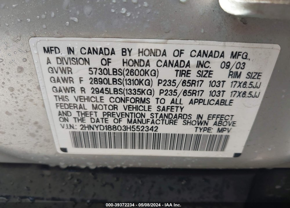 2003 ACURA MDX VIN: 2HNYD18803H552342