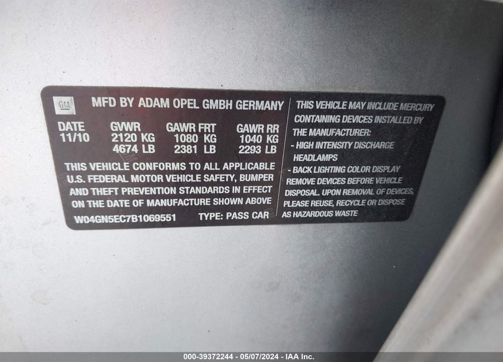 2011 BUICK REGAL CXL RUSSELSHEIM VIN: W04GN5EC7B1069551