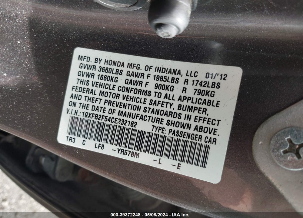2012 HONDA CIVIC LX VIN: 19XFB2F54CE332182