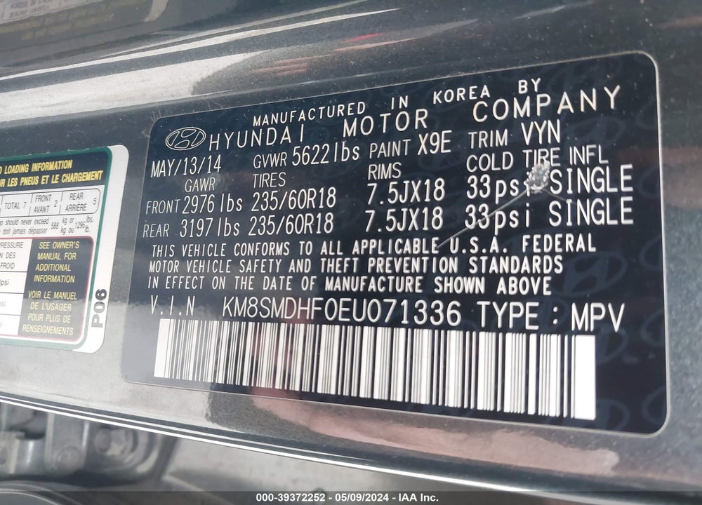 2014 HYUNDAI SANTA FE GLS VIN: KM8SMDHF0EU071336