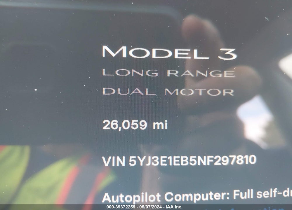 2022 TESLA MODEL 3 LONG RANGE DUAL MOTOR ALL-WHEEL DRIVE VIN: 5YJ3E1EB5NF297810