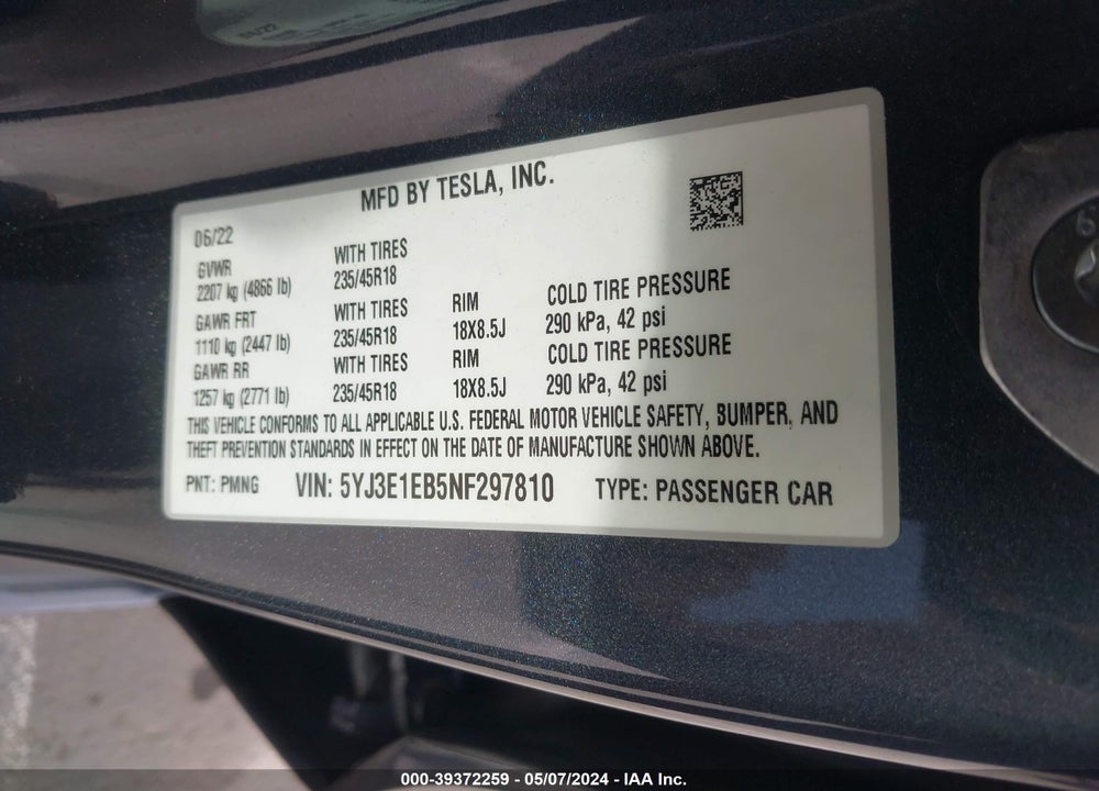 2022 TESLA MODEL 3 LONG RANGE DUAL MOTOR ALL-WHEEL DRIVE VIN: 5YJ3E1EB5NF297810