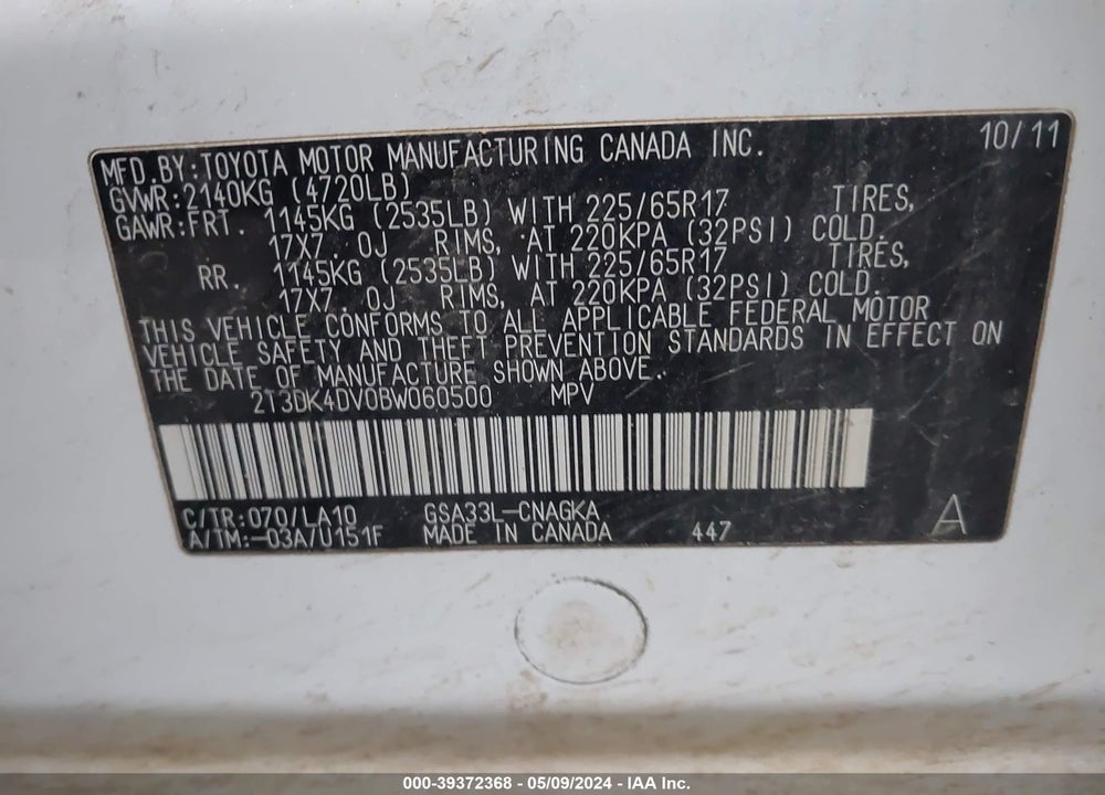 2011 TOYOTA RAV4 LIMITED V6 VIN: 2T3DK4DV0BW060500