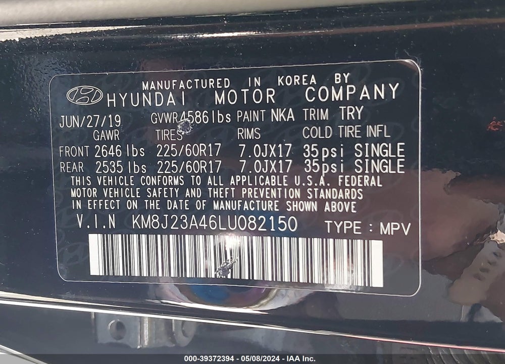 2020 HYUNDAI TUCSON SE VIN: KM8J23A46LU082150