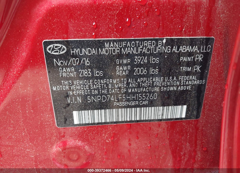 2017 HYUNDAI ELANTRA SE VIN: 5NPD74LF5HH155260