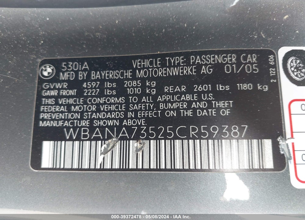 2005 BMW 530I VIN: WBANA73525CR59387