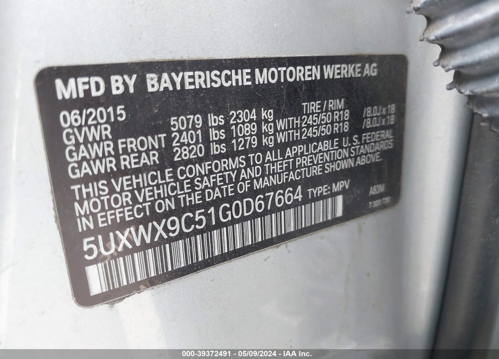 2016 BMW X3 XDRIVE28I VIN: 5UXWX9C51G0D67664