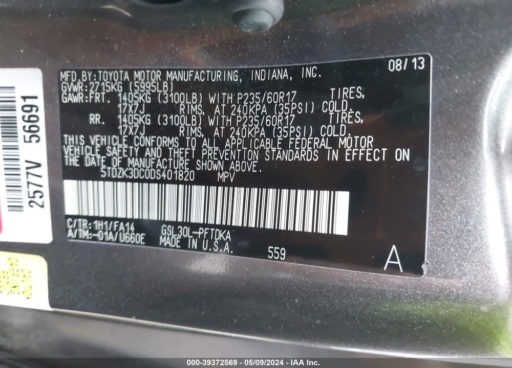 2013 TOYOTA SIENNA L V6 7 PASSENGER VIN: 5TDZK3DC0DS401820