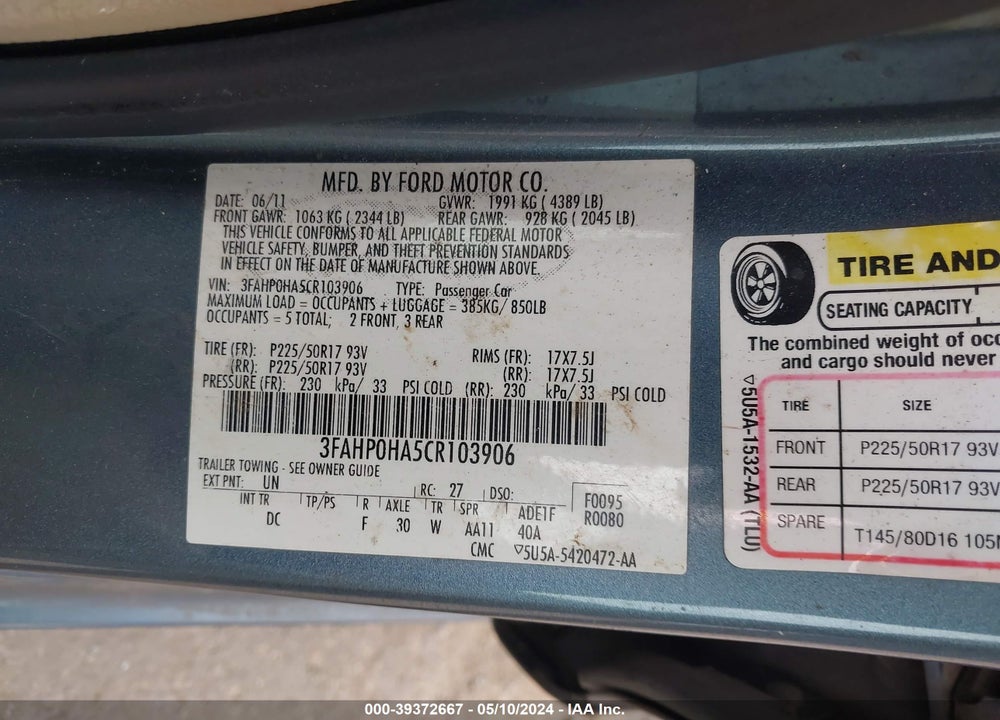2012 FORD FUSION VIN: 3FAHP0HA5CR103906