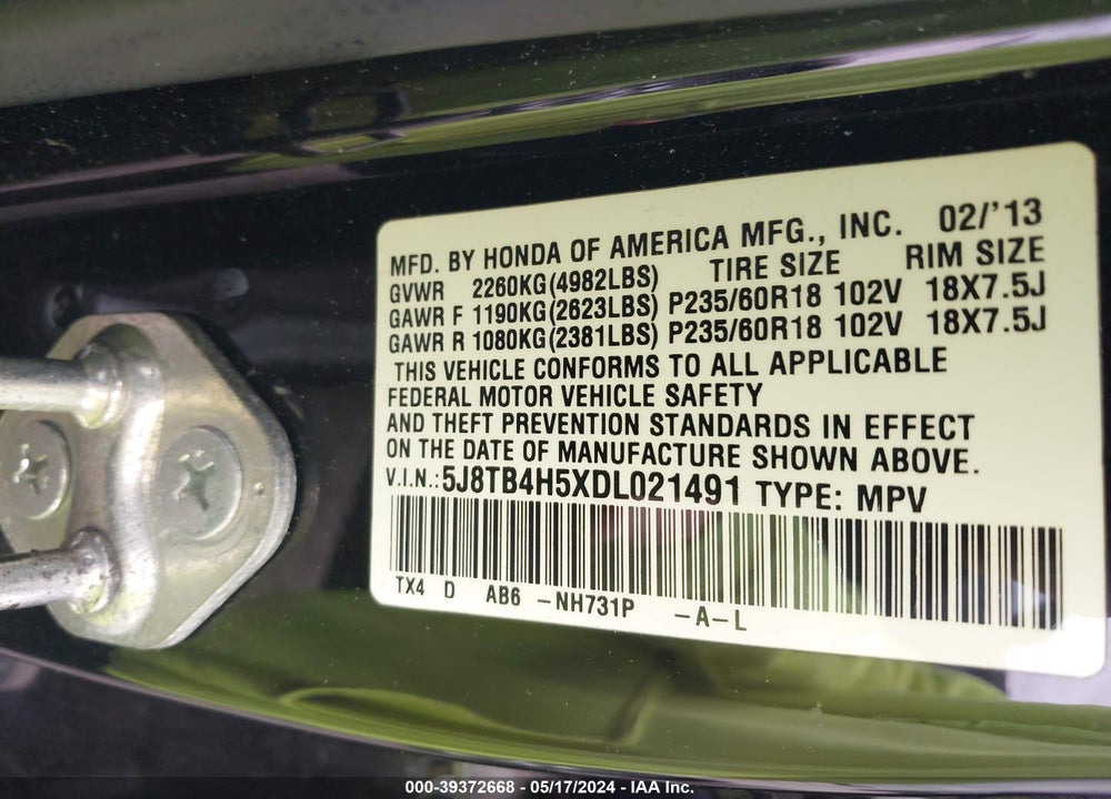 2013 ACURA RDX VIN: 5J8TB4H5XDL021491