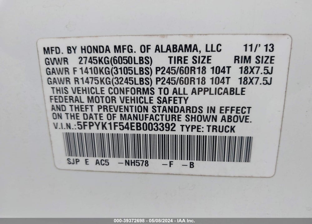 2014 HONDA RIDGELINE RTL VIN: 5FPYK1F54EB003392