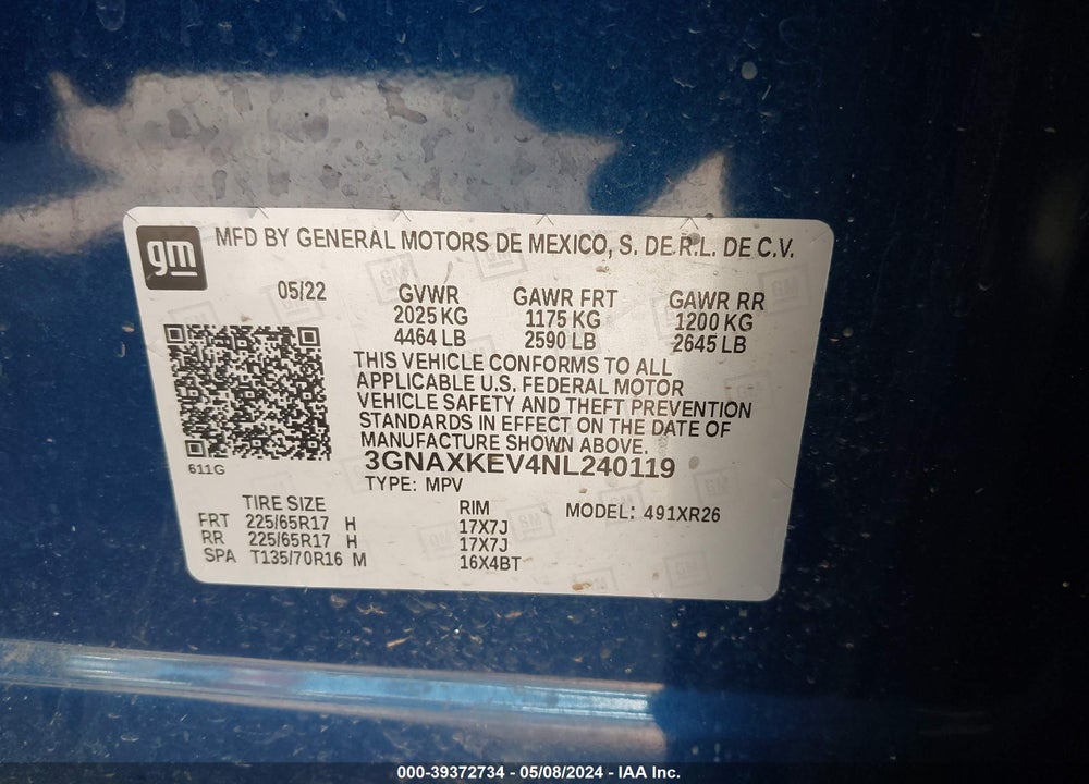 2022 CHEVROLET EQUINOX FWD LT VIN: 3GNAXKEV4NL240119