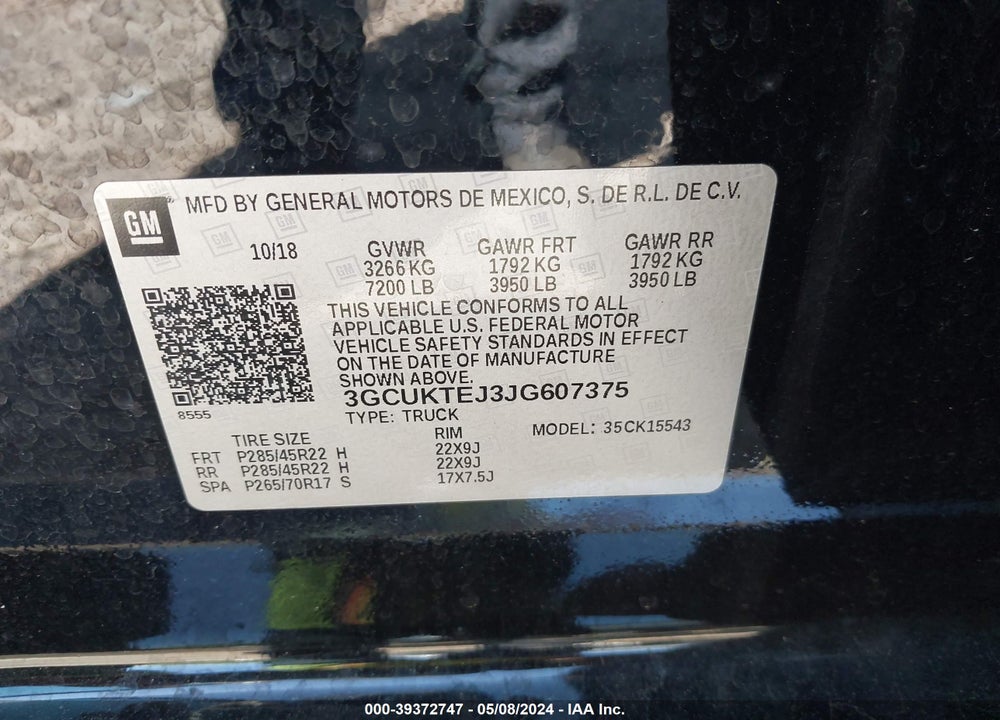 2018 CHEVROLET SILVERADO 1500 VIN: 3GCUKTEJ3JG607375