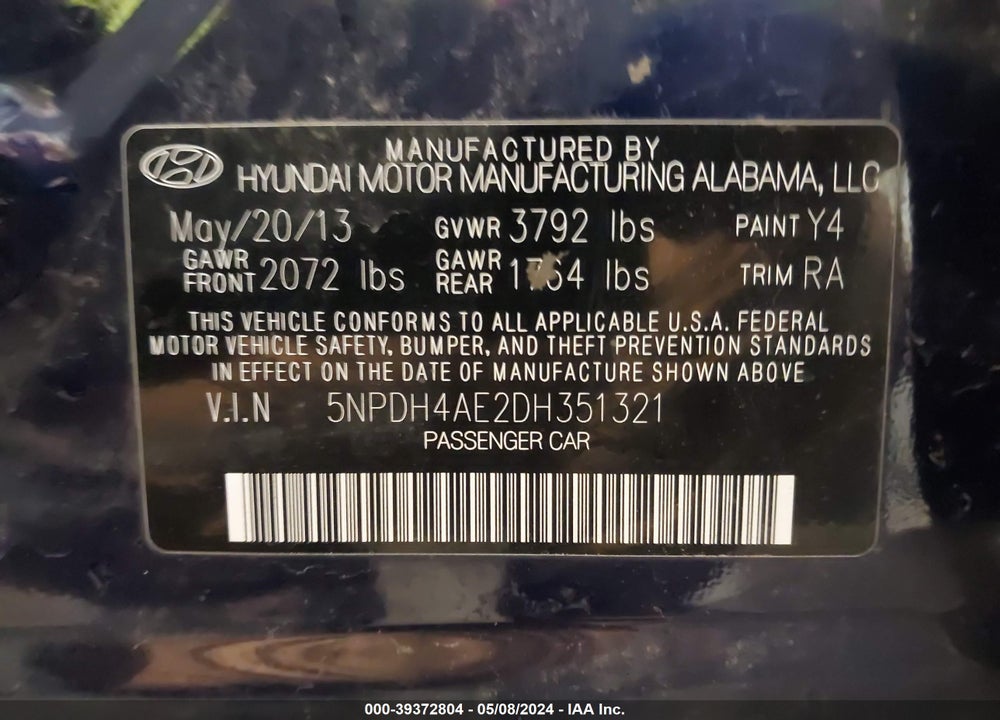 2013 HYUNDAI ELANTRA GLS VIN: 5NPDH4AE2DH351321