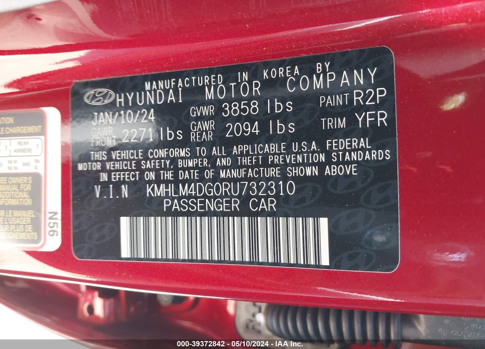 2024 HYUNDAI ELANTRA SEL VIN: KMHLM4DG0RU732310