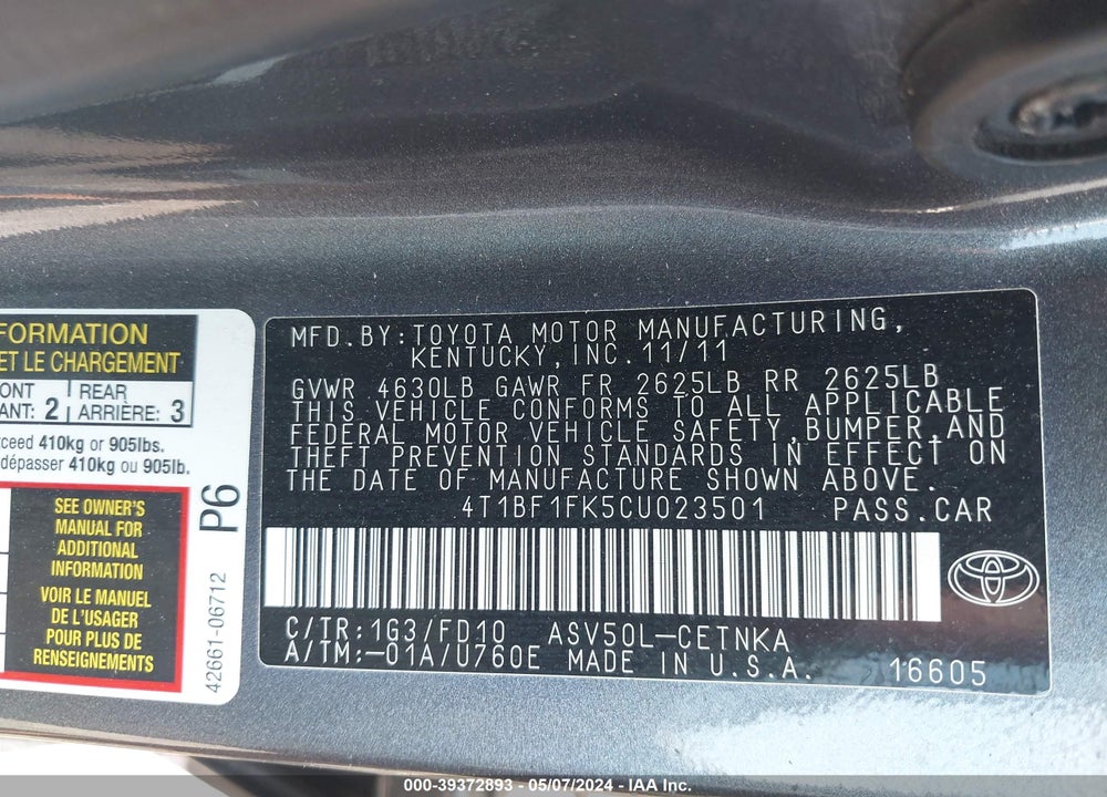 2012 TOYOTA CAMRY LE VIN: 4T1BF1FK5CU023501