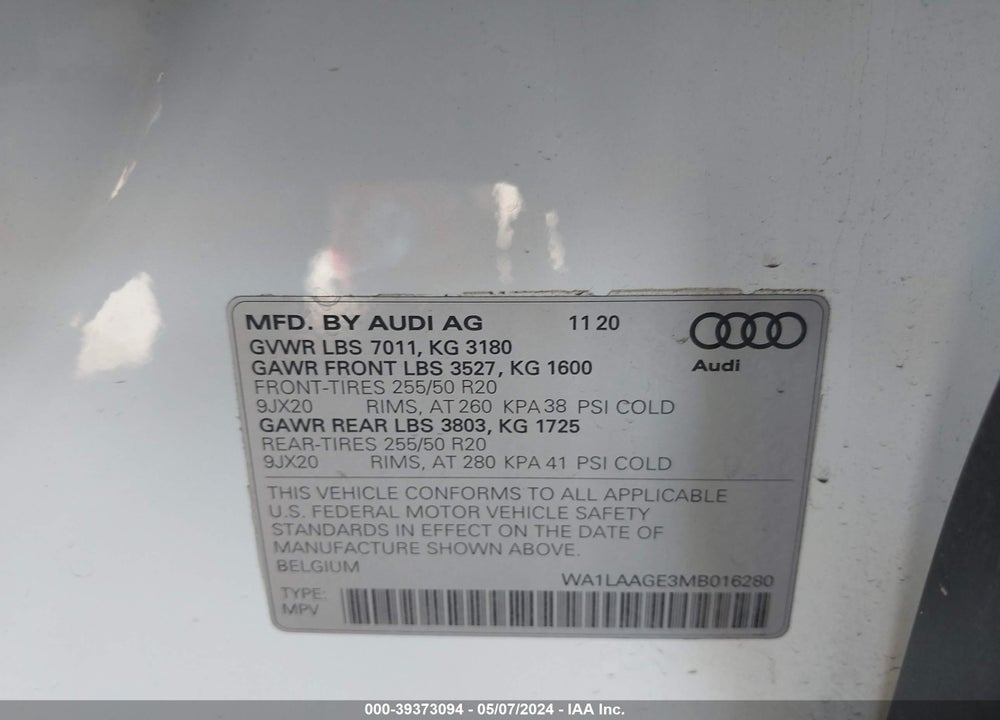 2021 AUDI E-TRON PREMIUM PLUS QUATTRO VIN: WA1LAAGE3MB016280