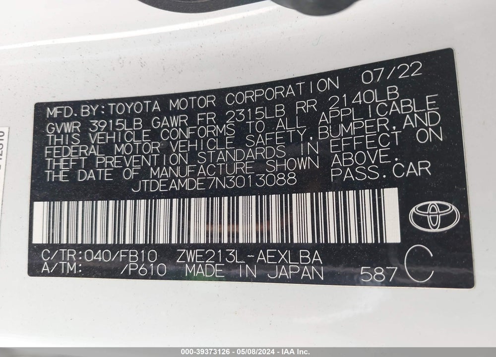 2022 TOYOTA COROLLA HYBRID LE VIN: JTDEAMDE7N3013088
