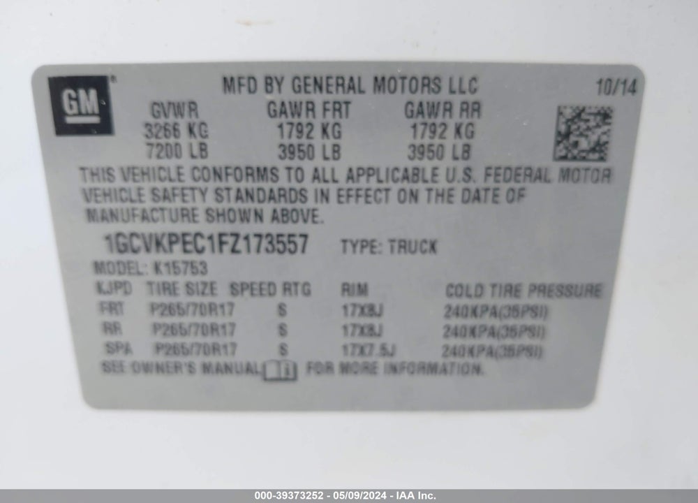 2015 CHEVROLET SILVERADO 1500 WT VIN: 1GCVKPEC1FZ173557