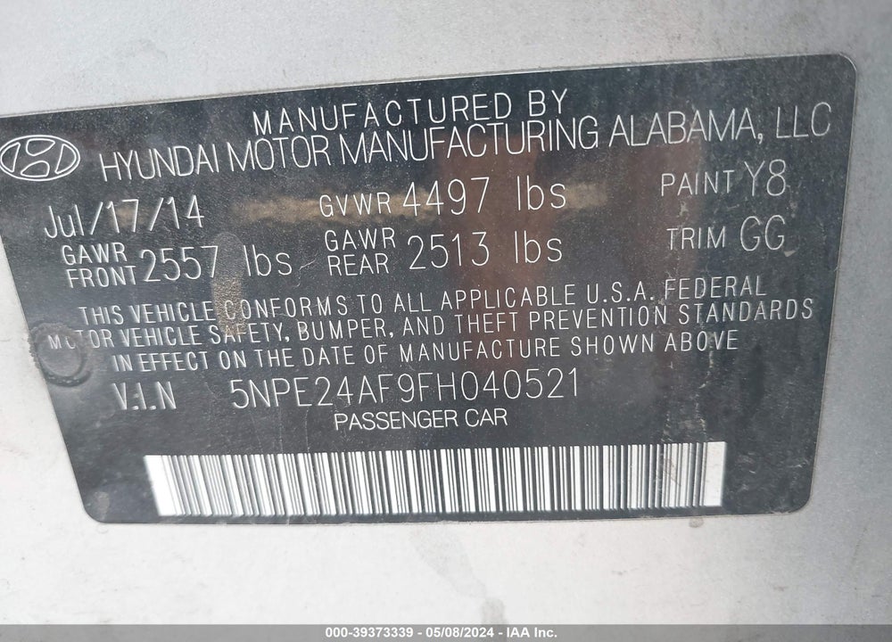 2015 HYUNDAI SONATA SE VIN: 5NPE24AF9FH040521
