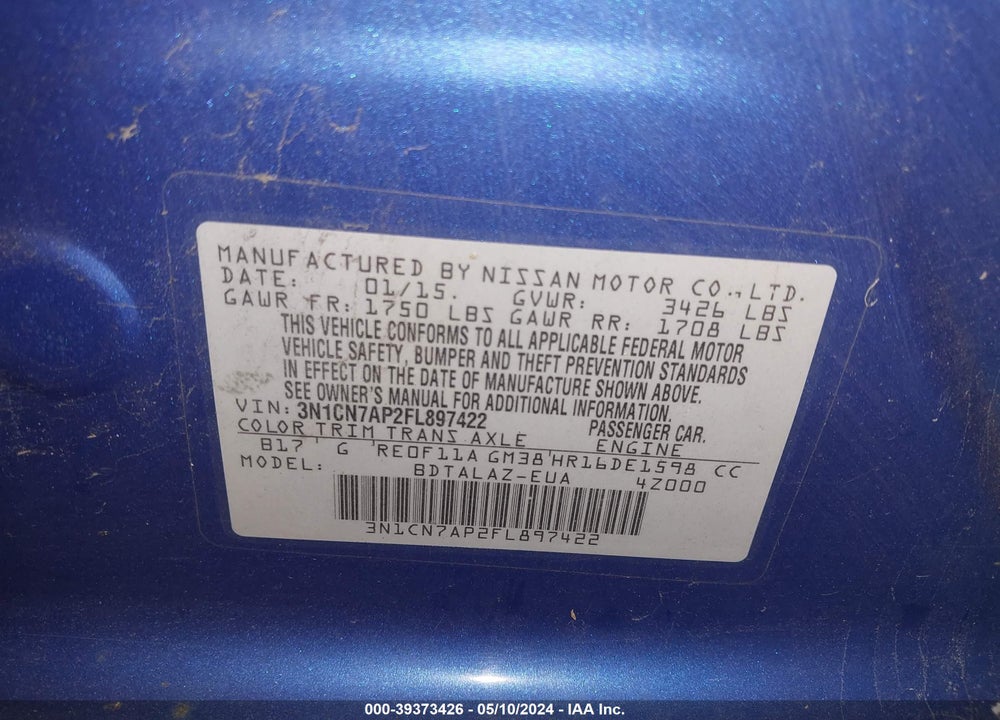 2015 NISSAN VERSA 1.6 S+ VIN: 3N1CN7AP2FL897422