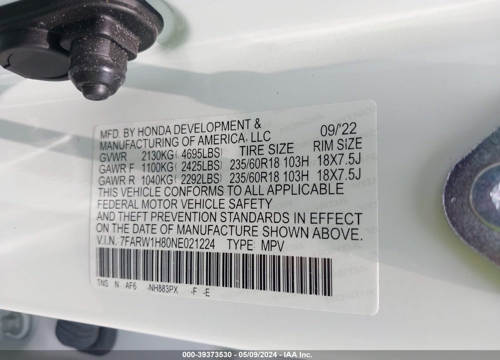2022 HONDA CR-V 2WD EX-L VIN: 7FARW1H80NE021224