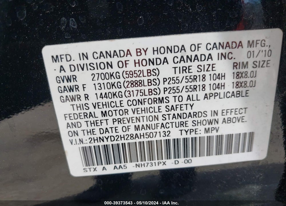 2010 ACURA MDX VIN: 2HNYD2H28AH507132